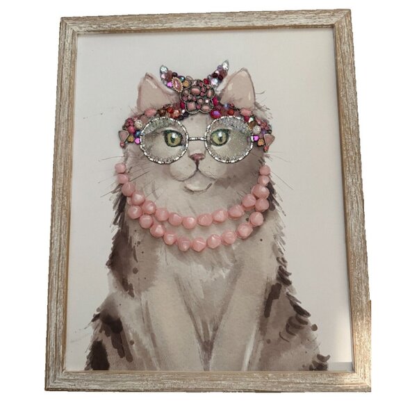 Framed Jewelry Art Cat With Pink Pearls &Embellished Glasses By Betty 13" X 16" - Picture 1 of 5